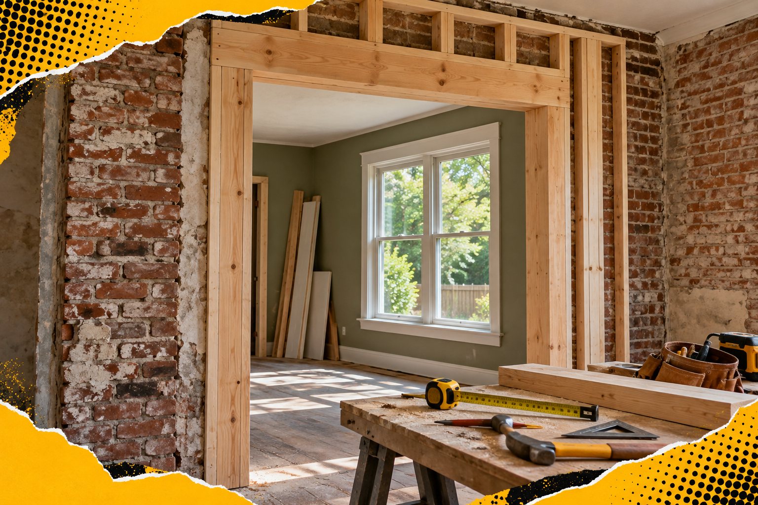 Home renovation framing and carpentry tools with yellow and black pop-art accents — AI-generated illustration