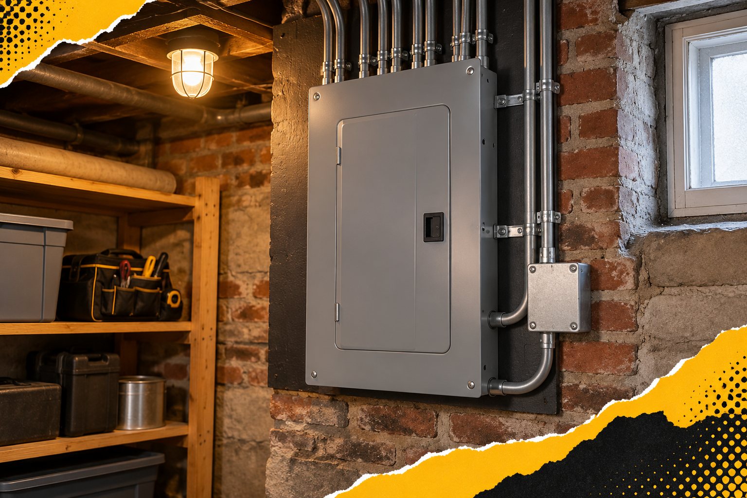Electrical panel in a brick home utility room with yellow and black pop-art accents — AI-generated illustration